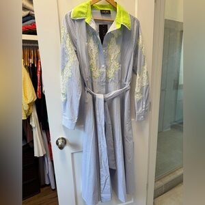 NWT Striped Blue and White Midi Dress with lime Green Lace Accents